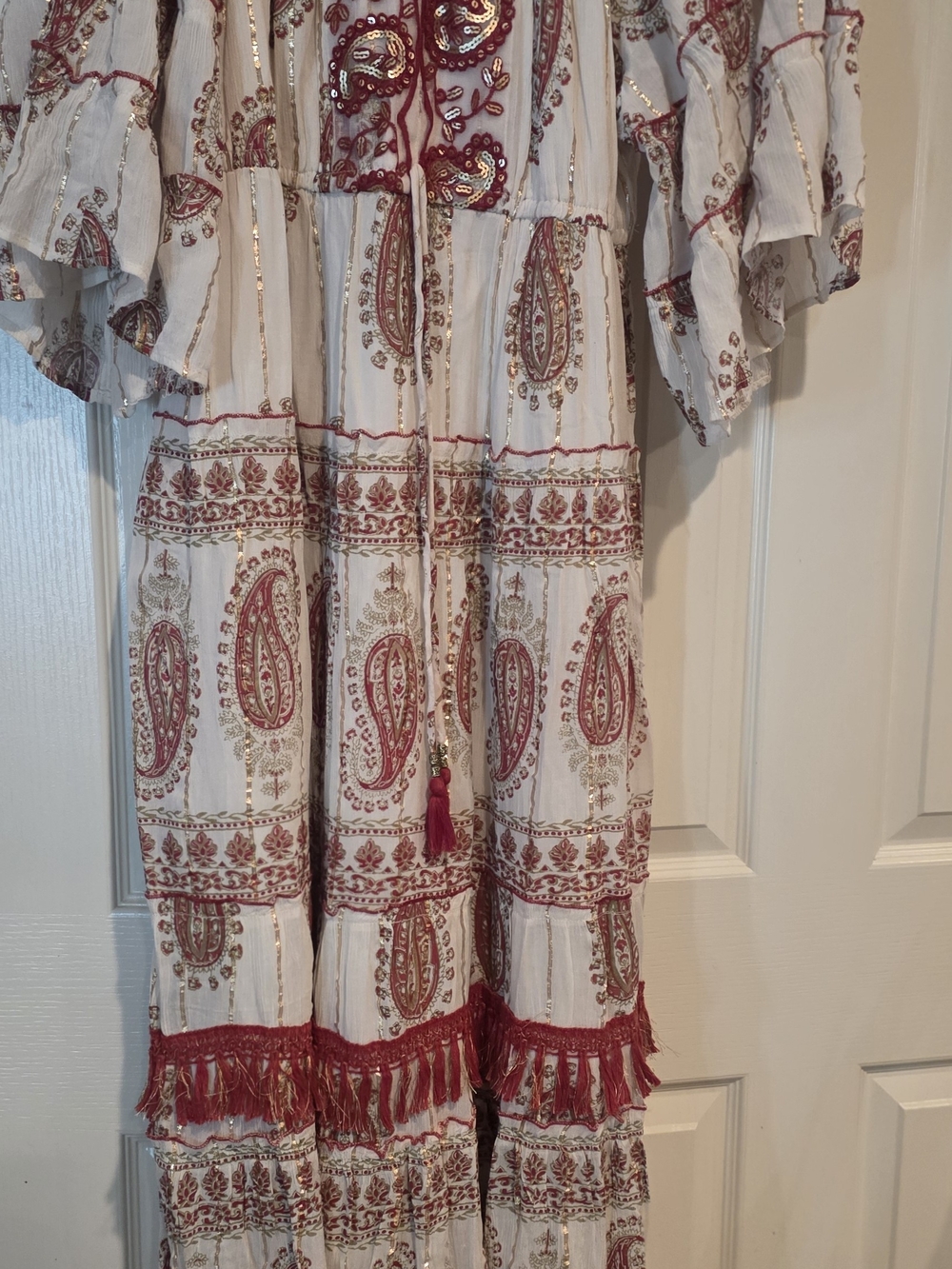 Boho Cream Maxi Dress with Burgundy Paisley Trim